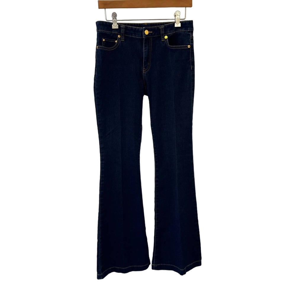 Michael Kors Selma Flare Jeans Womens 6 Dark Indigo Blue High Rise Gold Hardware